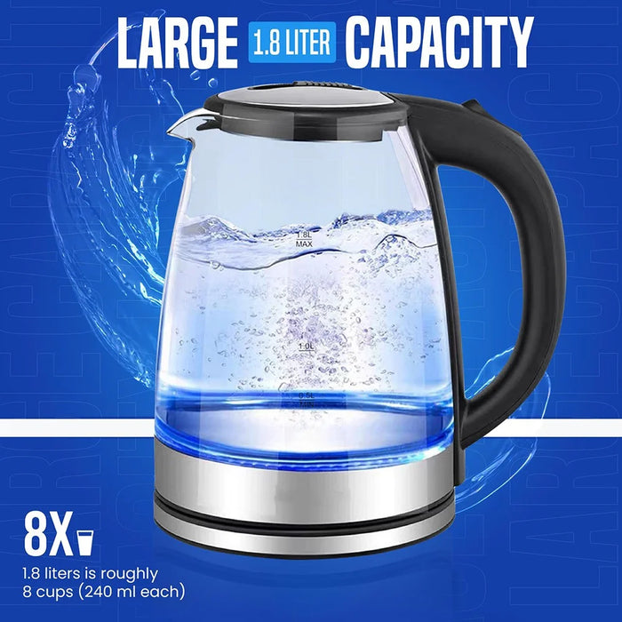 YJ-1808H High Borosilicate Glass Electric Kettle 1.8L Blue LED Fast Boiling Water Kettle (BPA Free, No FDA) - EU Plug - 5
