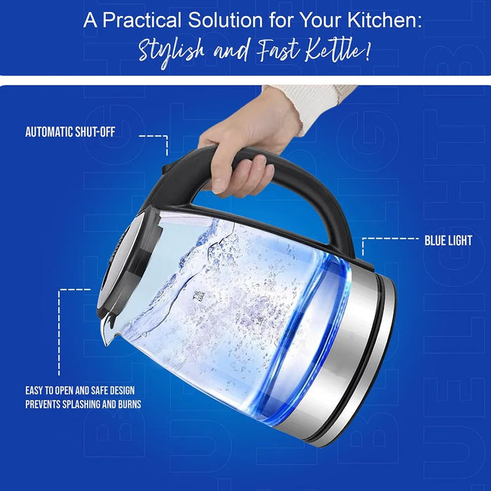YJ-1808H High Borosilicate Glass Electric Kettle 1.8L Blue LED Fast Boiling Water Kettle (BPA Free, No FDA) - EU Plug - 6
