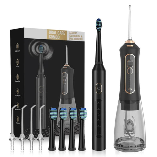 F6 IPX7 Waterproof Portable 5 Modes Rechargeable Electric Toothbrush with Water Flosser Oral Care Set - Black - 1