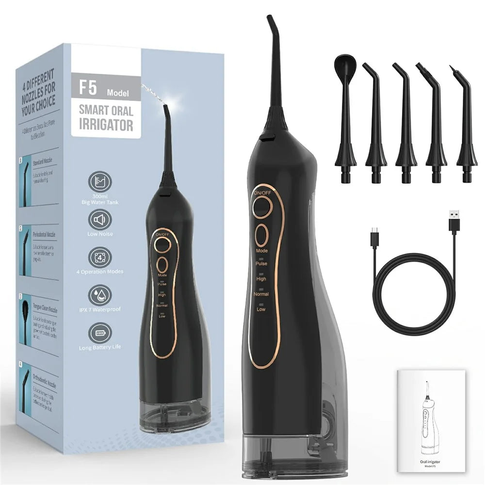 F5 Portable Electric Water Flosser IPX7 Waterproof 4 Modes 5 Nozzles Cleaning Oral Irrigator for Dental Care - Black - 1