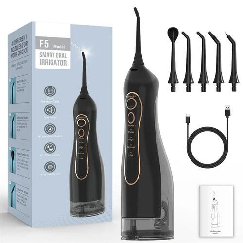 F5 Portable Electric Water Flosser IPX7 Waterproof 4 Modes 5 Nozzles Cleaning Oral Irrigator for Dental Care - Black - 1