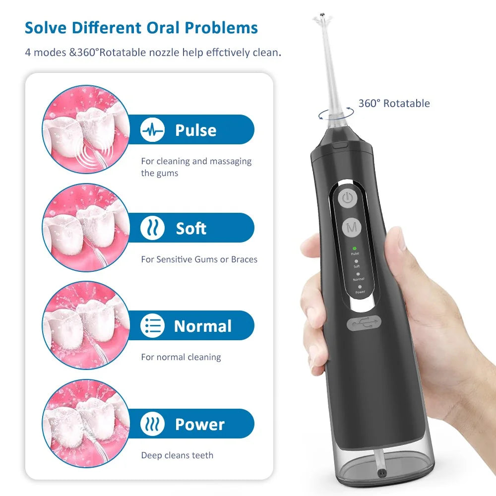 M209 310ml Cordless Water Flosser 4 Modes IPX7 Waterproof Dental Oral Irrigator Teeth Cleaner - Black - 4