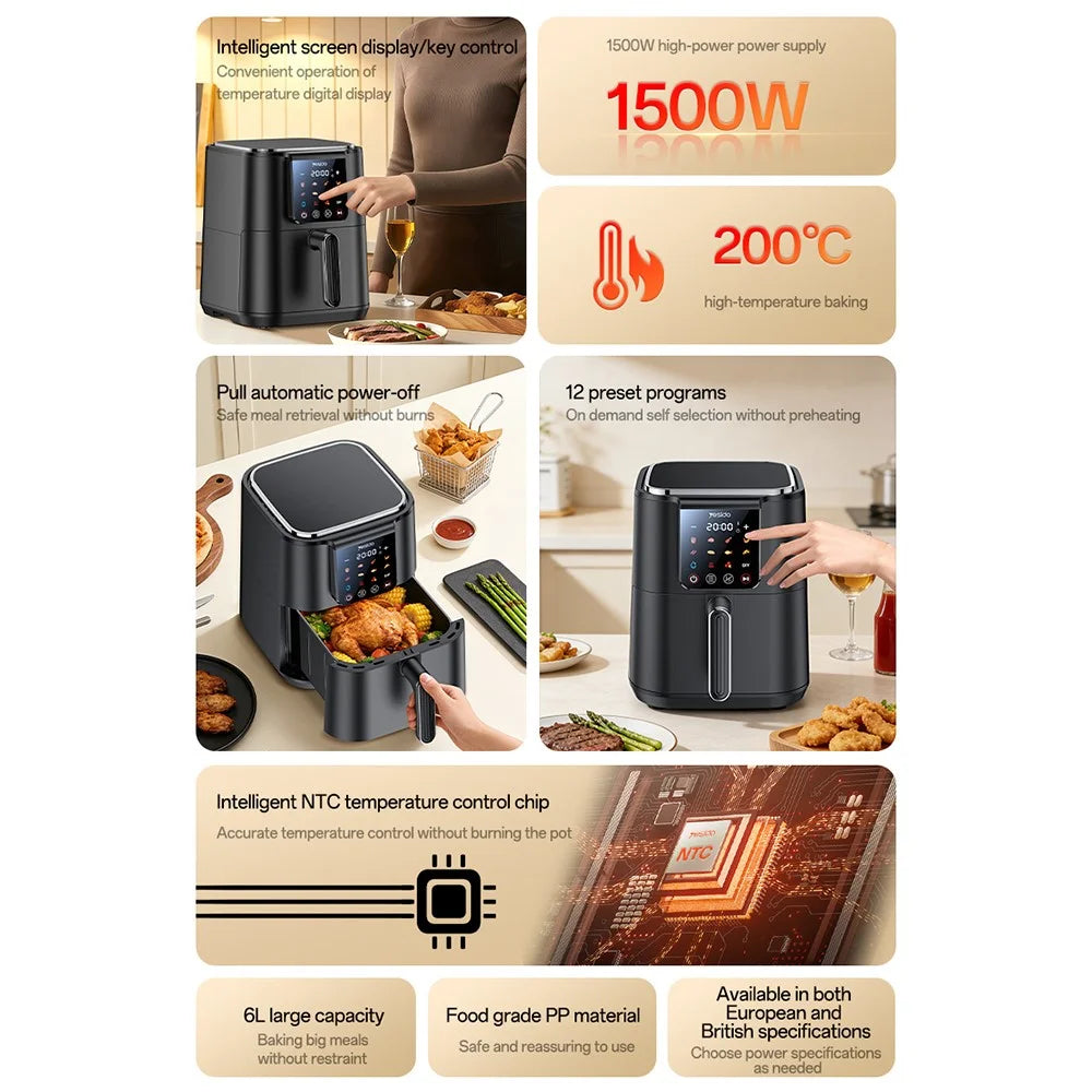 YESIDO EC35 6L Air Fryer 1500W 12 Preset Menus Touch Screen NTC Temperature Control Electric Cooker (BPA-Free, No FDA) - AU Plug - 2