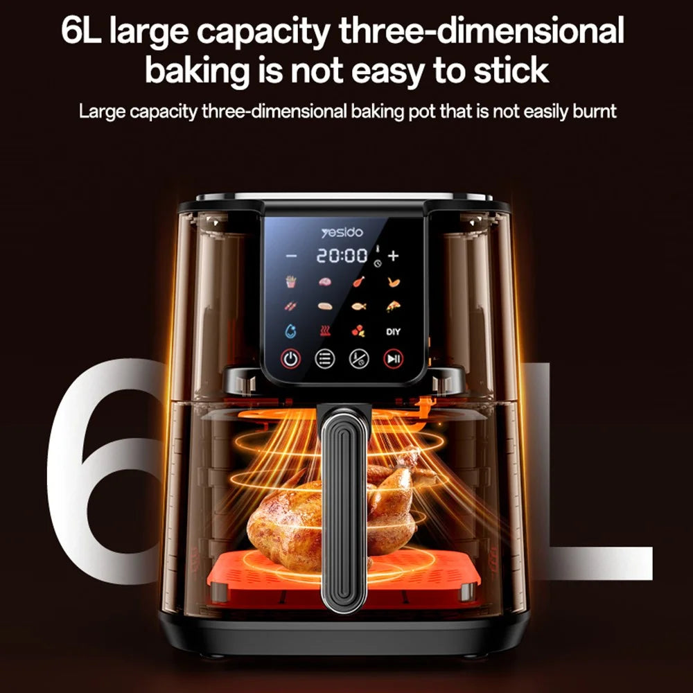 YESIDO EC35 6L Air Fryer 1500W 12 Preset Menus Touch Screen NTC Temperature Control Electric Cooker (BPA-Free, No FDA) - AU Plug - 7