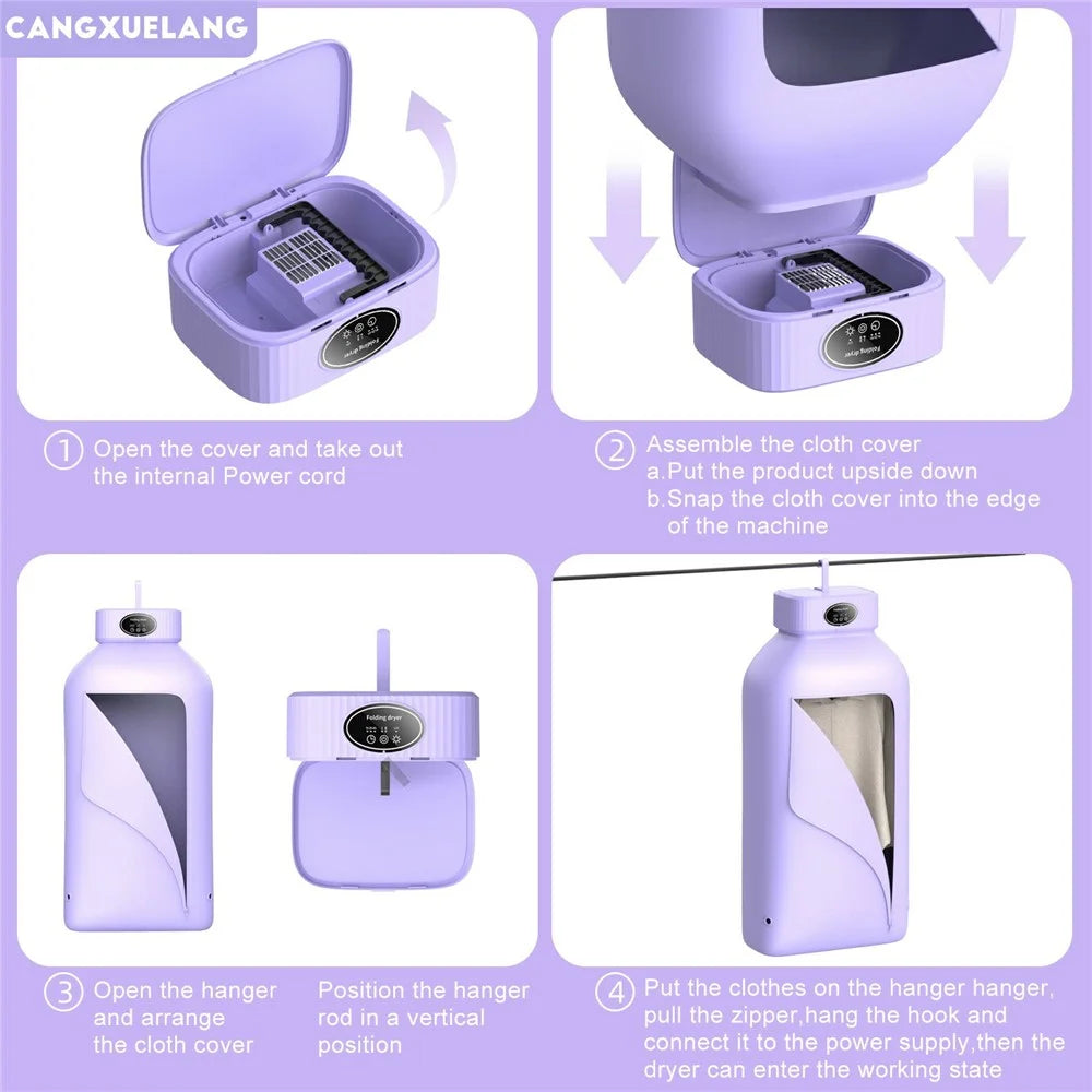 SQ-777 Portable Folding Clothes Dryer 600W PTC Heating UV Sterilization 3 Timer Settings for Home Travel, EU Plug - Purple - 6