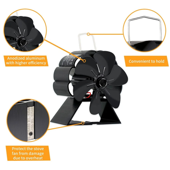 6 Blade Mini Fireplace Heat Powered Stove Fan Log Wood Burner Silent Home Fireplace Fan Efficient Heat Distribution - 7