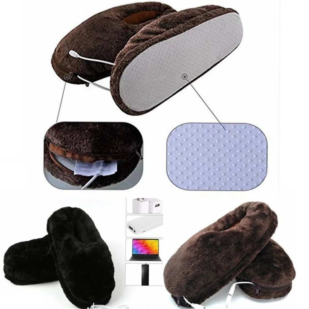 Size 36-46 USB Electric Heated Slippers Winter Thicken Feet Warmer Plush Shoes Foot Heater - Black - 7