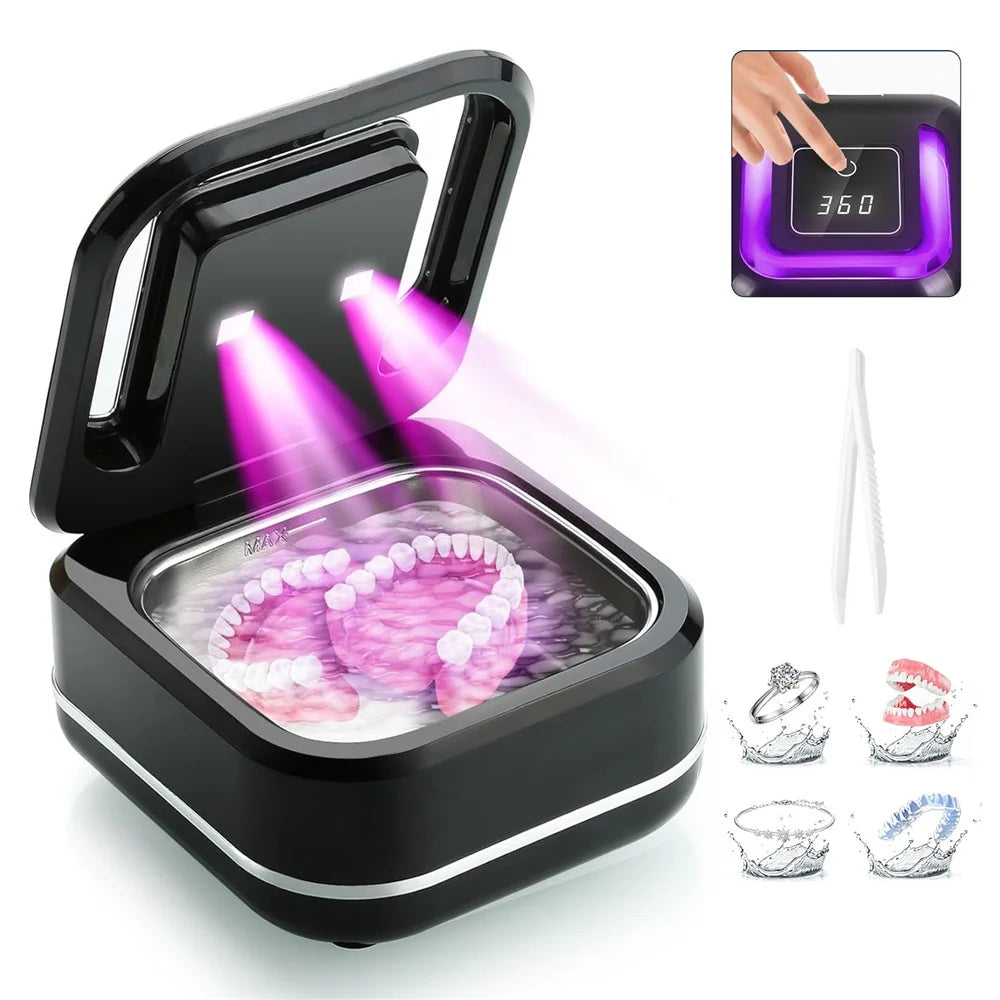 Ultrasonic Retainer Cleaner 42,000Hz 4 Modes Denture Cleaner for Mouth Guards, Braces, Toothbrush Heads, EU Plug - Black - 2