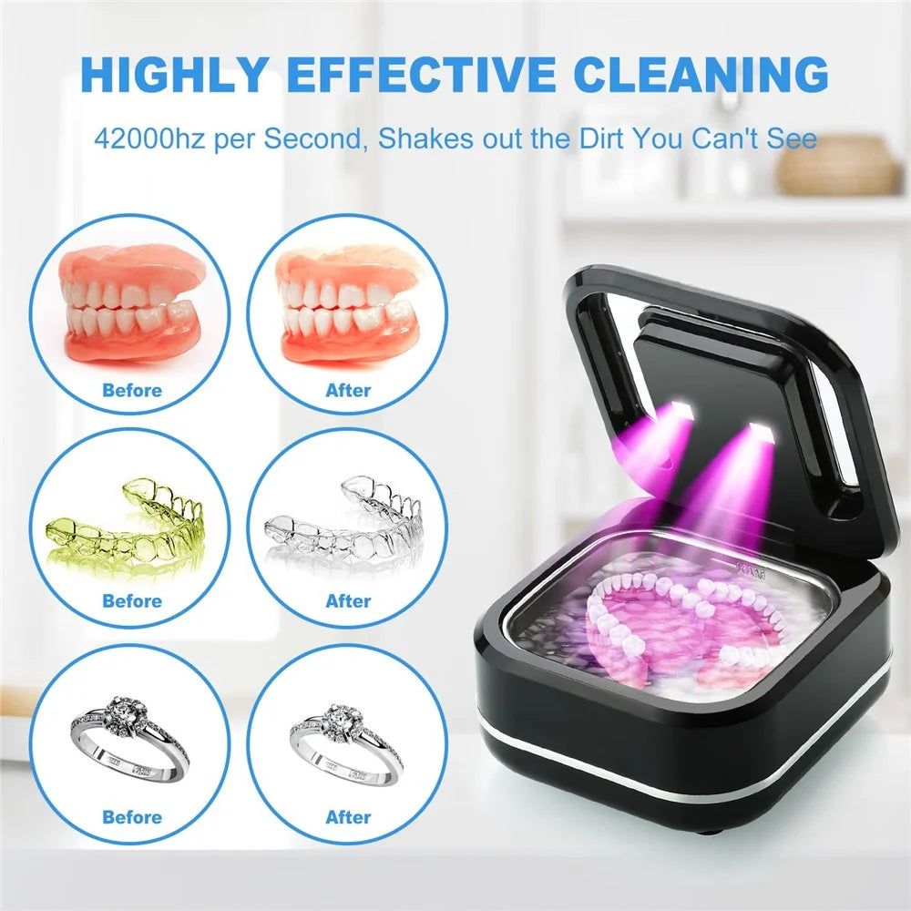 Ultrasonic Retainer Cleaner 42,000Hz 4 Modes Denture Cleaner for Mouth Guards, Braces, Toothbrush Heads, EU Plug - Black - 3