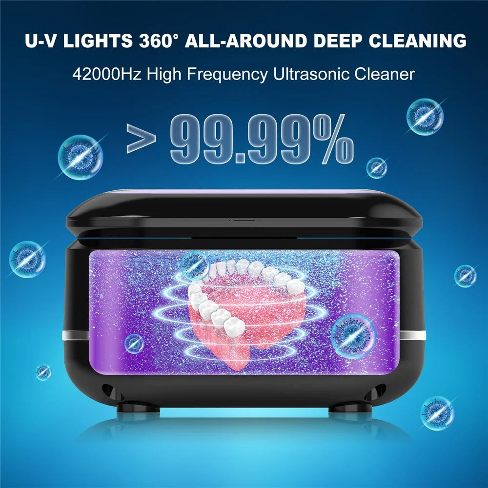 Ultrasonic Retainer Cleaner 42,000Hz 4 Modes Denture Cleaner for Mouth Guards, Braces, Toothbrush Heads, EU Plug - Black - 4