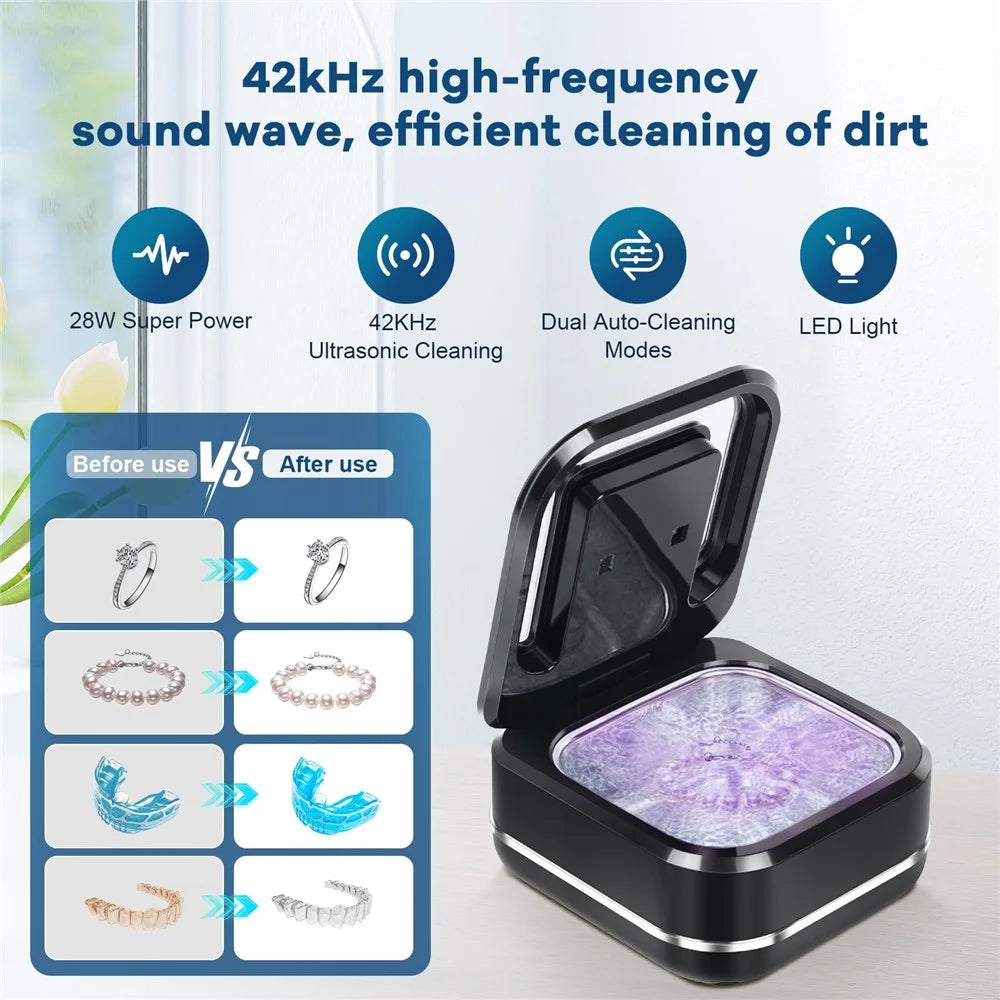 Ultrasonic Retainer Cleaner 42,000Hz 4 Modes Denture Cleaner for Mouth Guards, Braces, Toothbrush Heads, EU Plug - Black - 7
