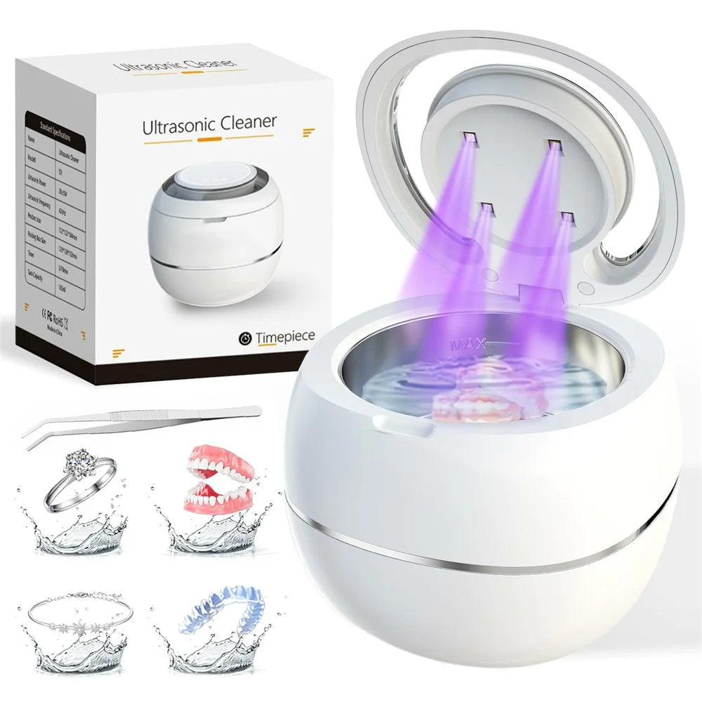 Ultrasonic Retainer Cleaner Machine 43khz Cleaning Pod with 2 Cleaning Modes Digital Timer for Mouth Guard, Jewelry, EU Plug - White - 1