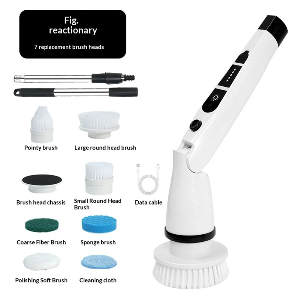 K-106 Electric Cleaning Brush with 7 Brush Heads Multi-Function Telescopic Cordless Scrubber - White - 7