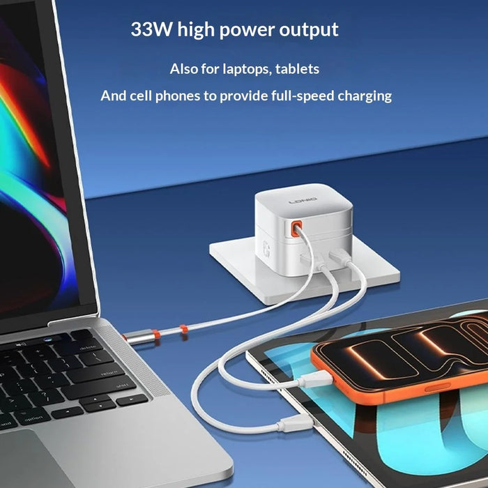 LDNIO Q9 33W GaN Fast Charger Dual Port Power Adapter with 80cm Retractable Type-C Cable for Phone Tablet - Blue - 3