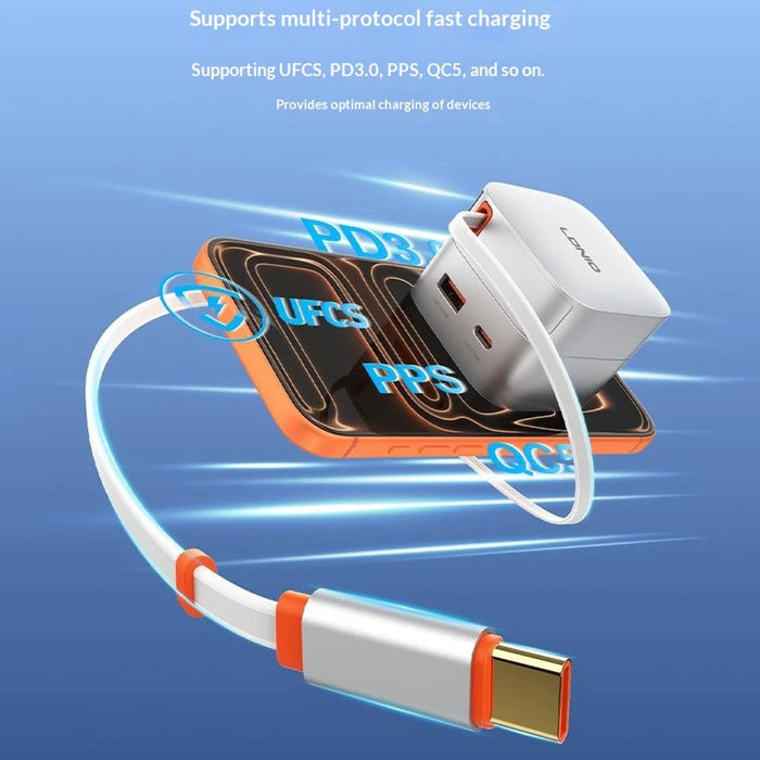 LDNIO Q9 33W GaN Fast Charger Dual Port Power Adapter with 80cm Retractable Type-C Cable for Phone Tablet - Blue - 6
