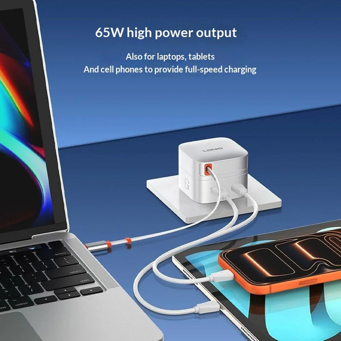 LDNIO Q10 65W GaN Fast Charger Built-in 80cm Retractable USB-C Cable Dual Port Power Adapter for Laptop / Tablet / Smartphone - White - 3