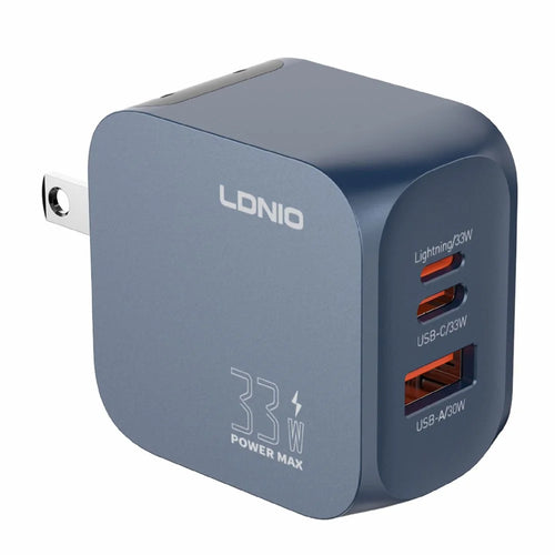 LDNIO Q5 33W GaN Fast Charger 3-Port USB-C iP (5-14) USB-A PD Fast Charging Station for iPhone iPad Earphones - Blue  /  US Plug - 1