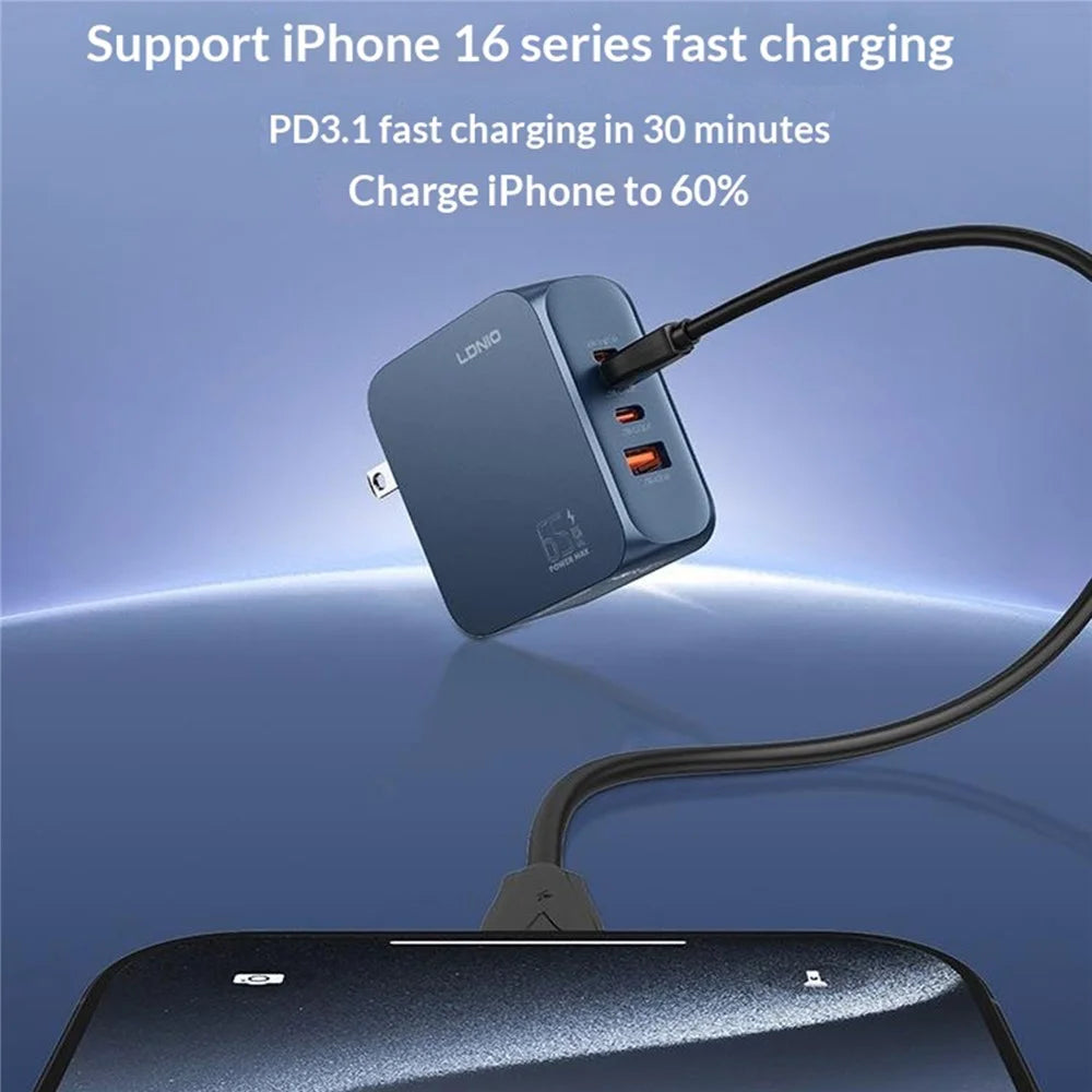 LDNIO Q5 33W GaN Fast Charger 3-Port USB-C iP (5-14) USB-A PD Fast Charging Station for iPhone iPad Earphones - Blue  /  US Plug - 2