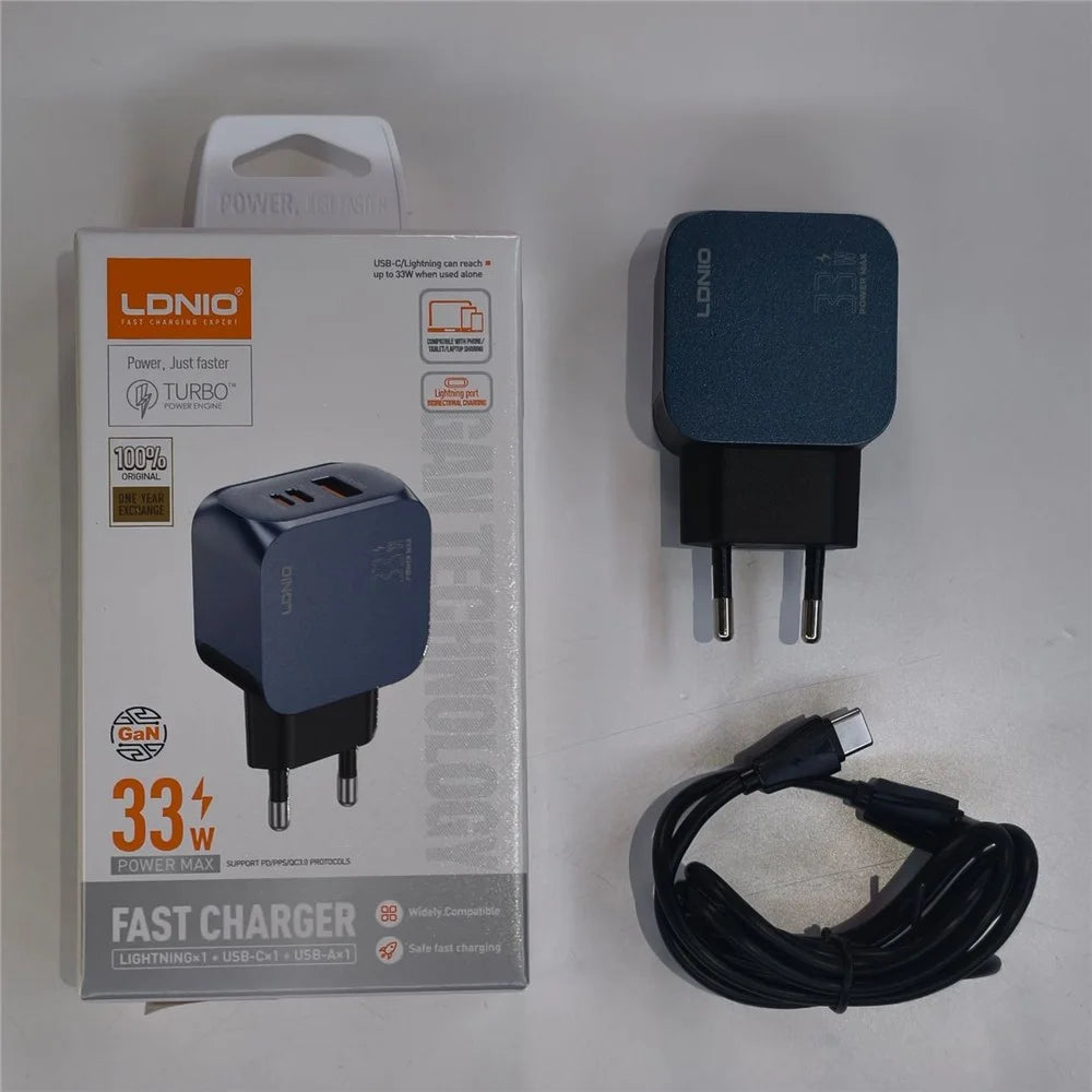 LDNIO Q5 33W GaN Fast Charger 3-Port USB-C iP (5-14) USB-A PD Fast Charging Station for iPhone iPad Earphones - Blue  /  US Plug - 6