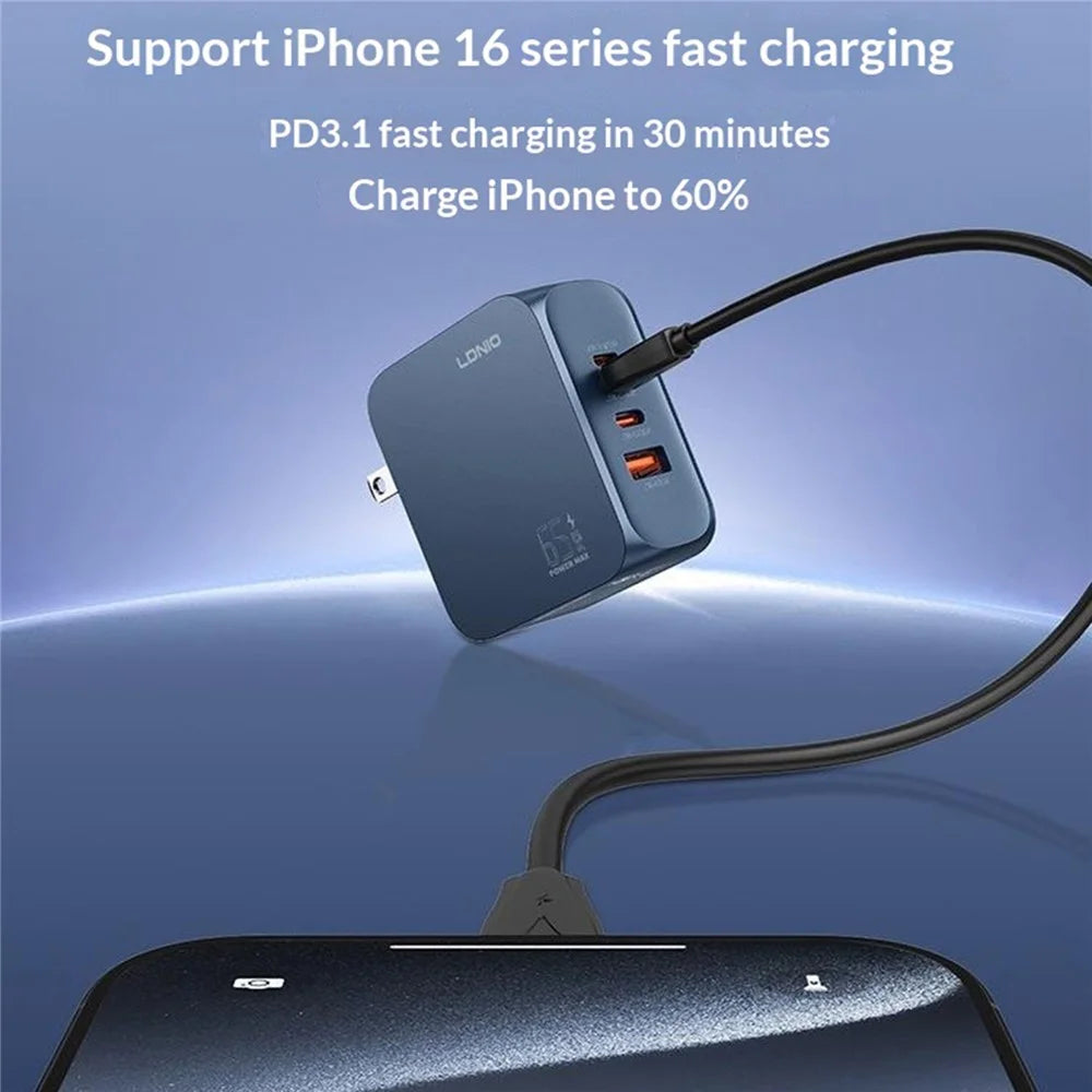 LDNIO Q6 45W GaN Charger Dual Port USB-C USB-A Fast Charging Station for Phone Tablet Laptop - Blue  /  EU Plug - 2