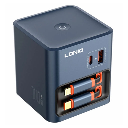LDNIO Q16 100W GaN Desktop Charger 4-Port USB-C Retractable Cable Fast Charging Station with Smart Digital Display - Blue  /  EU Plug - 1