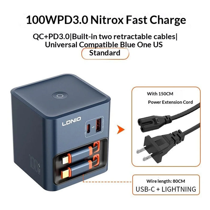 LDNIO Q16 100W GaN Desktop Charger 4-Port USB-C Retractable Cable Fast Charging Station with Smart Digital Display - Blue  /  EU Plug - 2