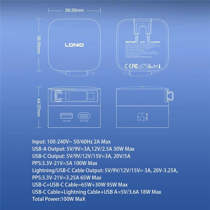 LDNIO Q16 100W GaN Desktop Charger 4-Port USB-C Retractable Cable Fast Charging Station with Smart Digital Display - Blue  /  EU Plug - 5