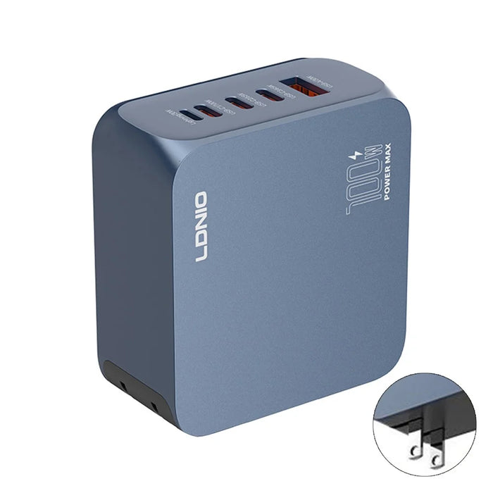 LDNIO Q8 100W 5-Port Fast Charging Station USB-C iP (5-14) USB-A GaN Charger for Laptop Tablet Phone - Blue / US Plug - 1