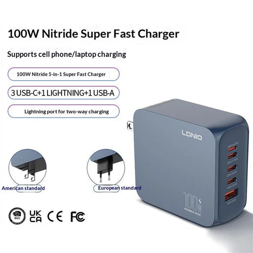 LDNIO Q8 100W 5-Port Fast Charging Station USB-C iP (5-14) USB-A GaN Charger for Laptop Tablet Phone - Blue / US Plug - 2