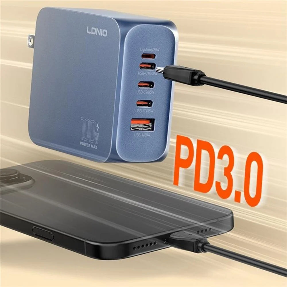 LDNIO Q8 100W 5-Port Fast Charging Station USB-C iP (5-14) USB-A GaN Charger for Laptop Tablet Phone - Blue / US Plug - 5