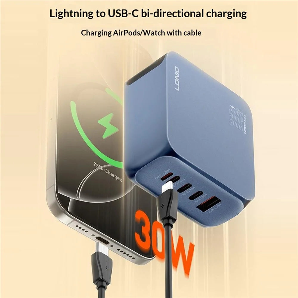 LDNIO Q8 100W 5-Port Fast Charging Station USB-C iP (5-14) USB-A GaN Charger for Laptop Tablet Phone - Blue / US Plug - 6