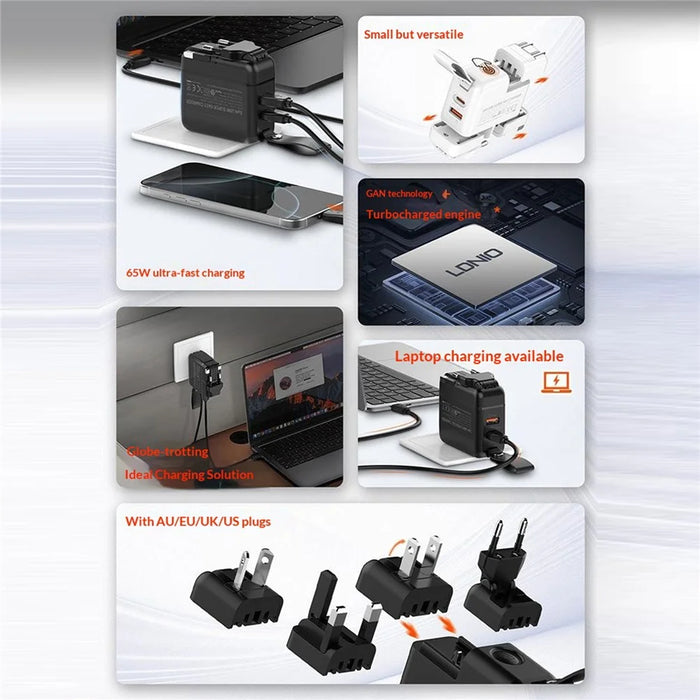 LDNIO Q2618 65W GaN Fast Charger Interchangeable Plugs USB-C PD Fast Charging Station for Laptop iPhone Android - Black - 3