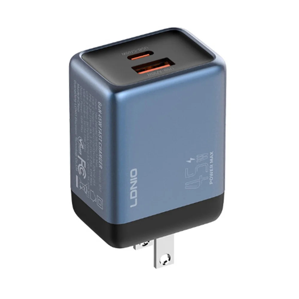 LDNIO Q12 45W GaN Fast Charger Dual Port Interchangeable Plug Universal Travel Charging Adapter - Black Blue  /  US Plug - 1