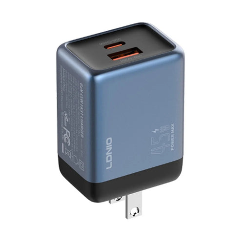 LDNIO Q12 45W GaN Fast Charger Dual Port Interchangeable Plug Universal Travel Charging Adapter - Black Blue  /  US Plug - 1