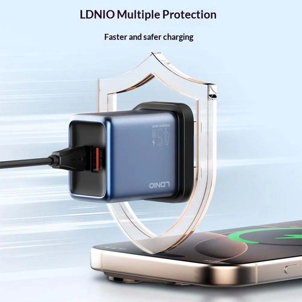 LDNIO Q12 45W GaN Fast Charger Dual Port Interchangeable Plug Universal Travel Charging Adapter - Black Blue  /  US Plug - 2