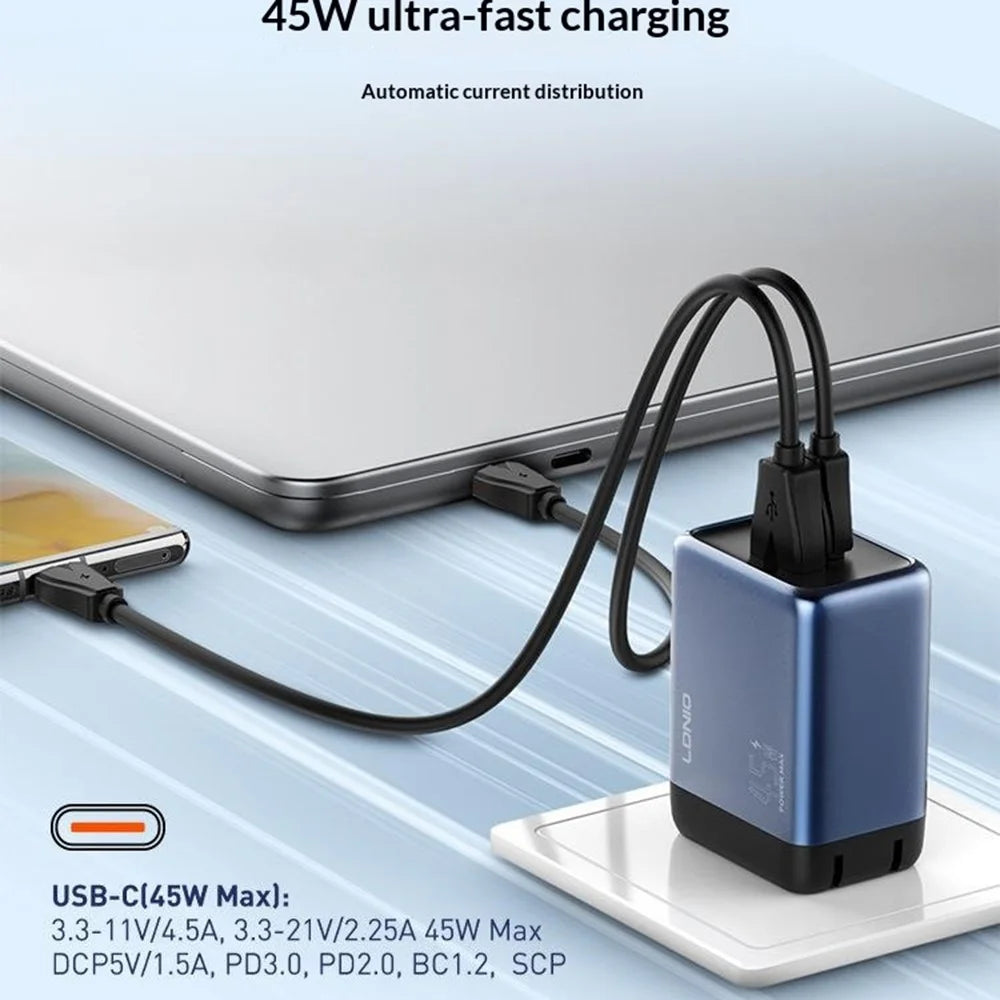 LDNIO Q12 45W GaN Fast Charger Dual Port Interchangeable Plug Universal Travel Charging Adapter - Black Blue  /  US Plug - 4
