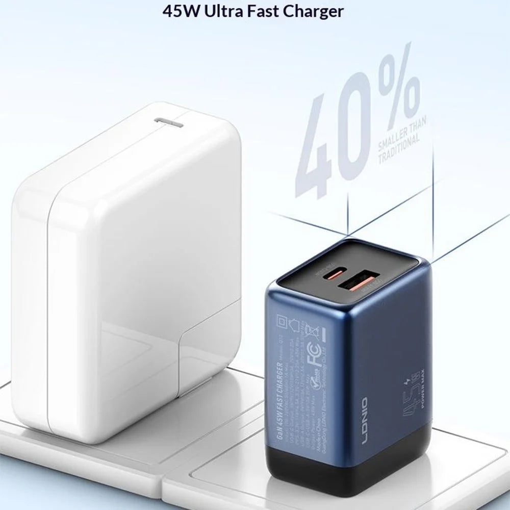 LDNIO Q12 45W GaN Fast Charger Dual Port Interchangeable Plug Universal Travel Charging Adapter - Black Blue  /  US Plug - 5