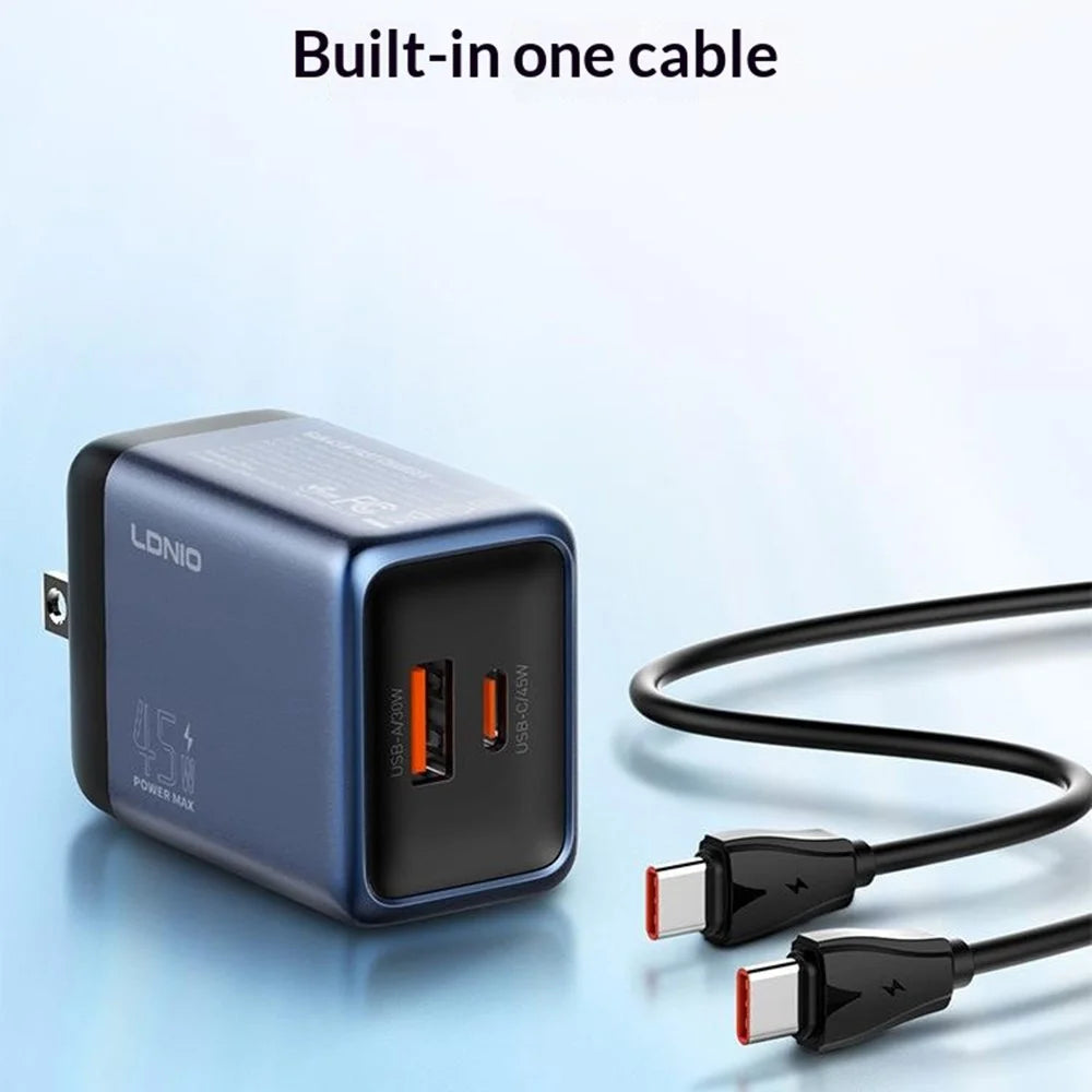 LDNIO Q12 45W GaN Fast Charger Dual Port Interchangeable Plug Universal Travel Charging Adapter - Black Blue  /  US Plug - 7
