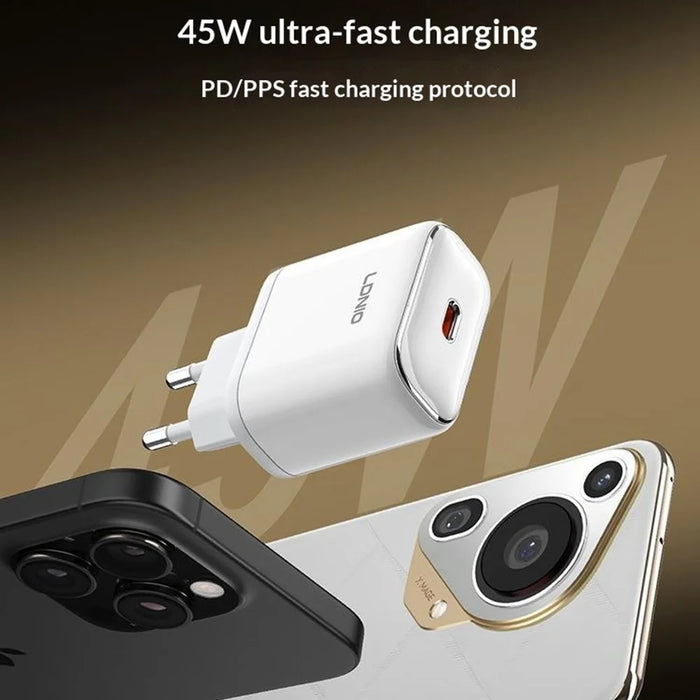 LDNIO Q1415 45W GaN Fast Charger Dual Port PD Fast Charging Wall Charger with 1.2m USB Cable for Phone Laptop - White - 3