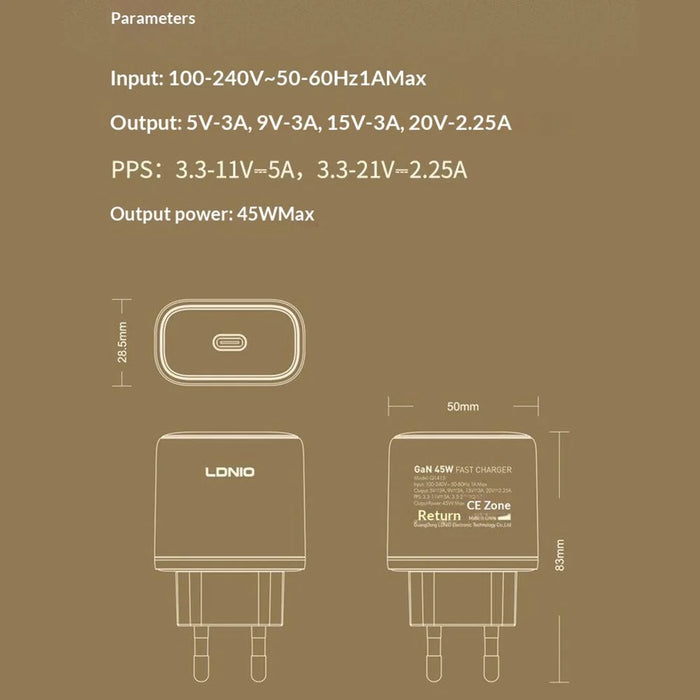 LDNIO Q1415 45W GaN Fast Charger Dual Port PD Fast Charging Wall Charger with 1.2m USB Cable for Phone Laptop - White - 7