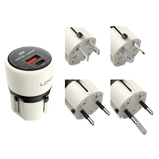 LDNIO Q2319 30W GaN Fast Charger Switchable Plug Universal Travel Adapter with Type-C to iP (5-14) / Type-C / USB-A 3-in-1 Cable for Phone Tablet - Grey - 1