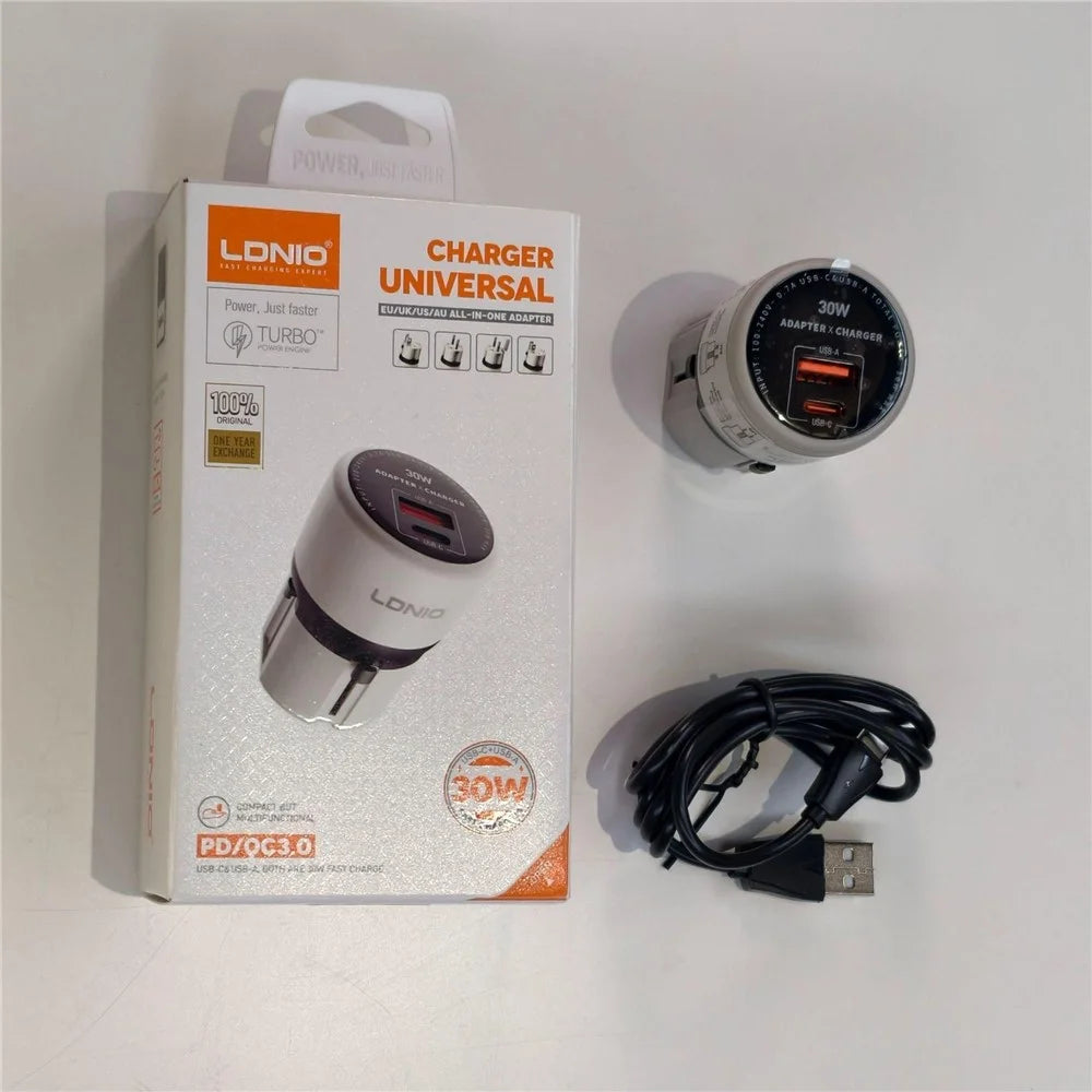 LDNIO Q2319 30W GaN Fast Charger Switchable Plug Universal Travel Adapter with Type-C to iP (5-14) / Type-C / USB-A 3-in-1 Cable for Phone Tablet - Grey - 3