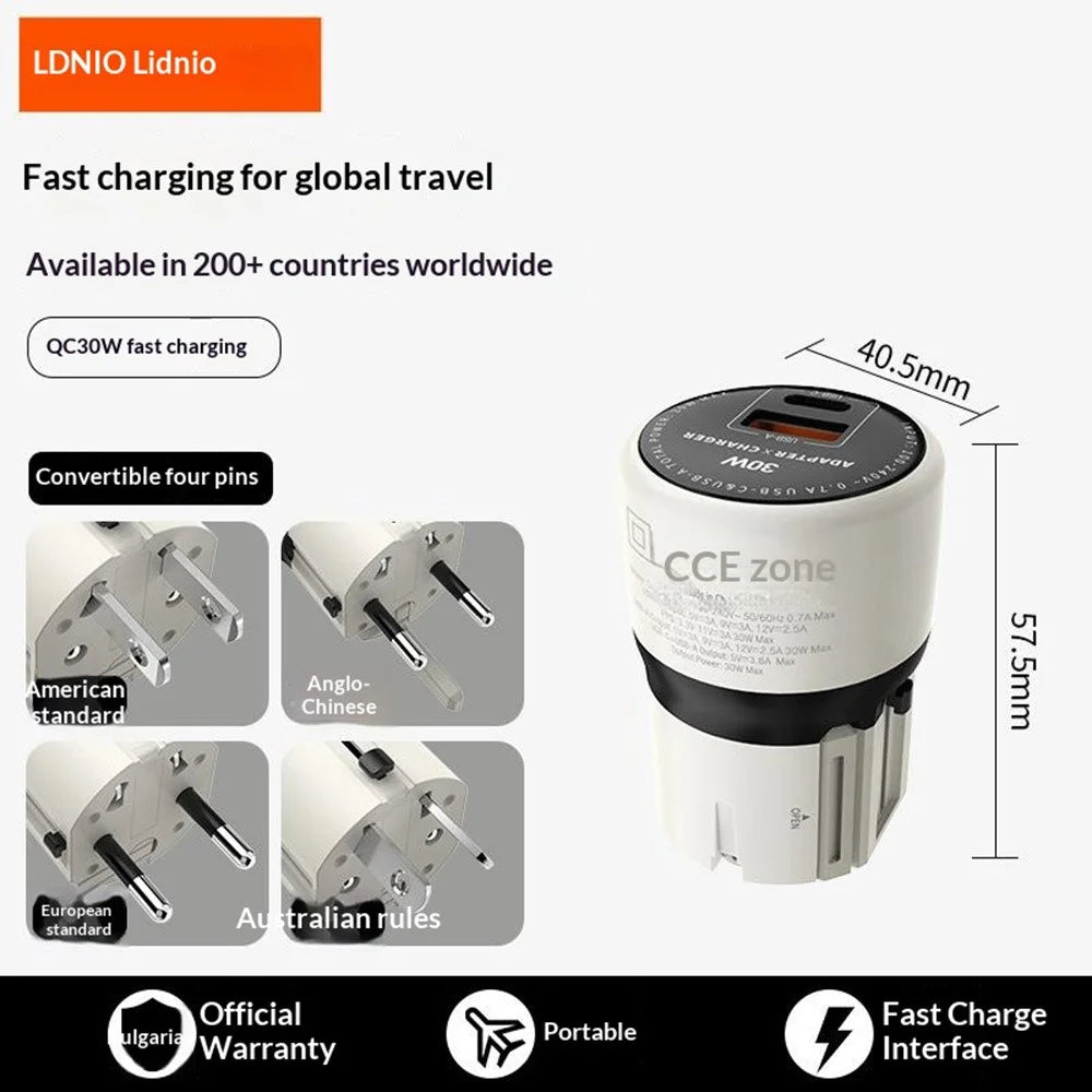 LDNIO Q2319 30W GaN Fast Charger Switchable Plug Universal Travel Adapter with Type-C to iP (5-14) / Type-C / USB-A 3-in-1 Cable for Phone Tablet - Grey - 6
