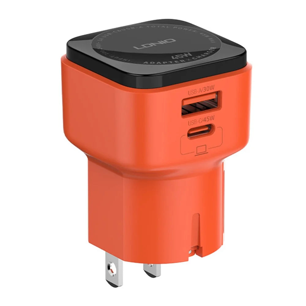 LDNIO Q2420 45W GaN Fast Charger with USB-C Cable Dual Port USB-C USB-A Global Travel PD Fast Charging Adapter - Orange - 1