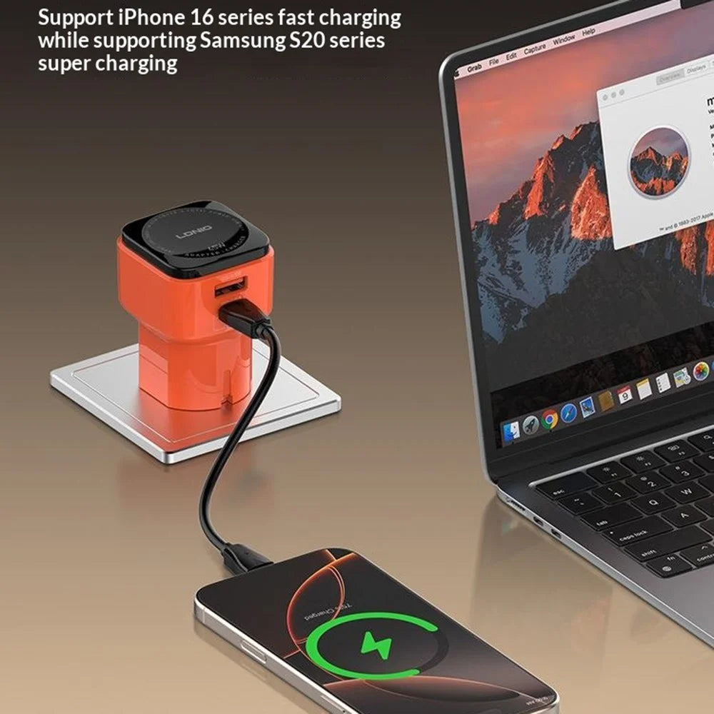 LDNIO Q2420 45W GaN Fast Charger with USB-C Cable Dual Port USB-C USB-A Global Travel PD Fast Charging Adapter - Orange - 3