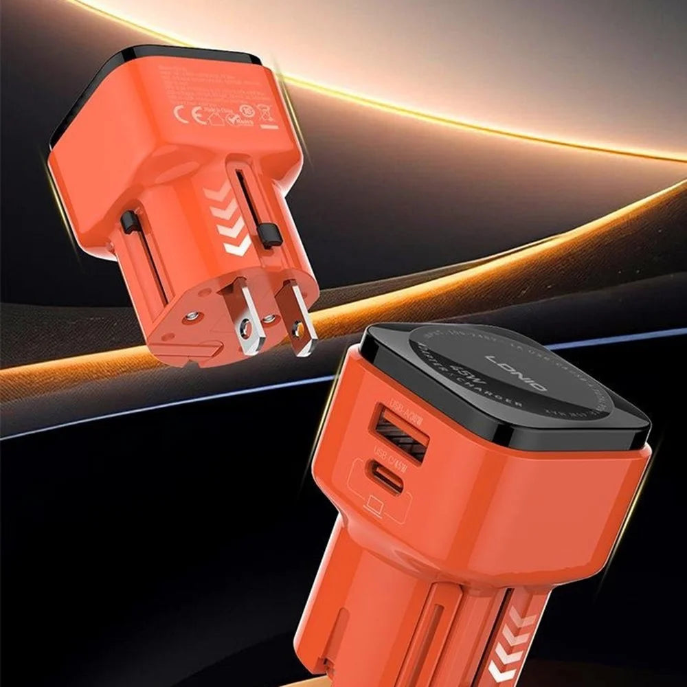 LDNIO Q2420 45W GaN Fast Charger with USB-C Cable Dual Port USB-C USB-A Global Travel PD Fast Charging Adapter - Orange - 5