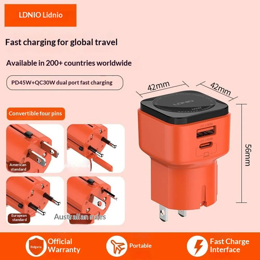 LDNIO Q2420 45W GaN Fast Charger with USB-C Cable Dual Port USB-C USB-A Global Travel PD Fast Charging Adapter - Orange - 6