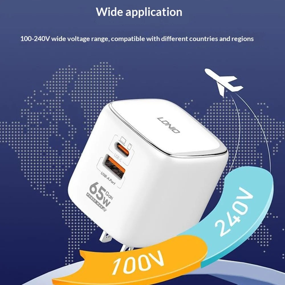 LDNIO Q2617 65W GaN Fast Charger 2 USB-C + 1 USB-A 3-Port with USB Cable Interchangeable Plugs Charging Station for Apple Huawei Xiaomi Laptop Tablet - White - 5