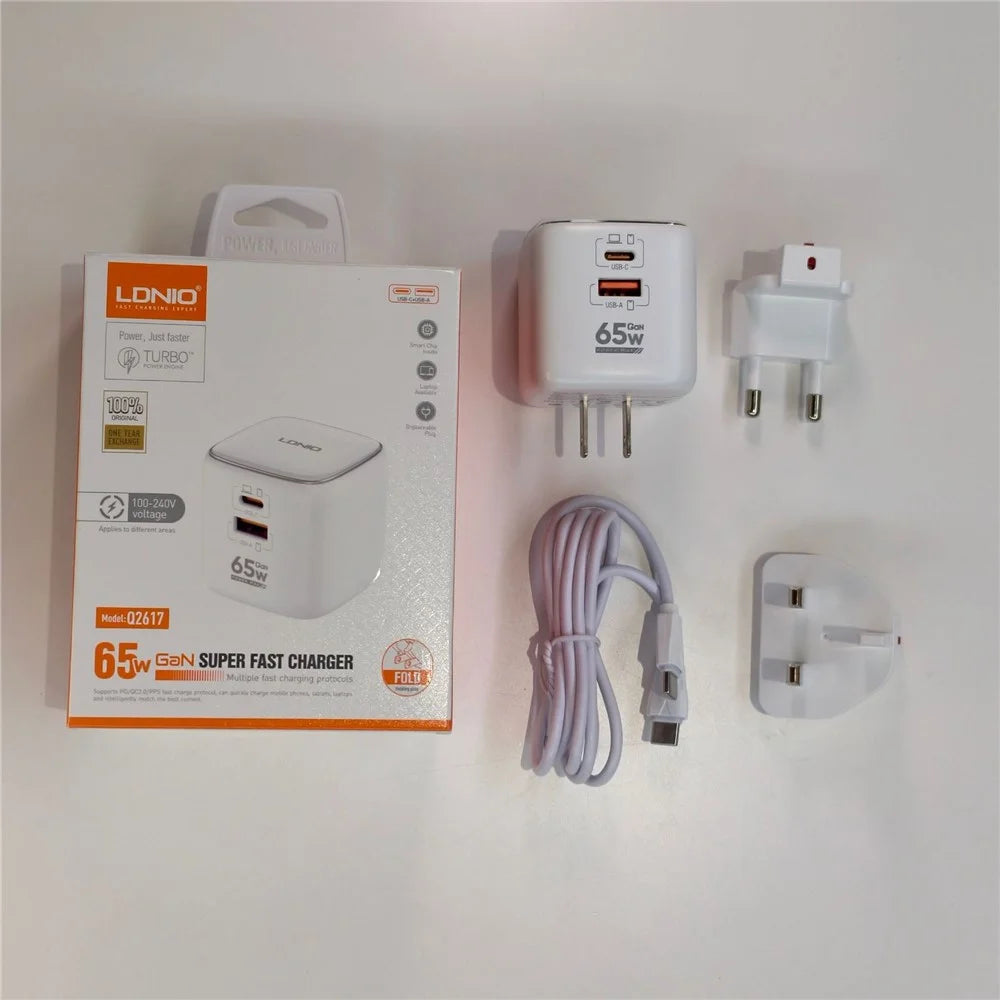 LDNIO Q2617 65W GaN Fast Charger 2 USB-C + 1 USB-A 3-Port with USB Cable Interchangeable Plugs Charging Station for Apple Huawei Xiaomi Laptop Tablet - White - 7