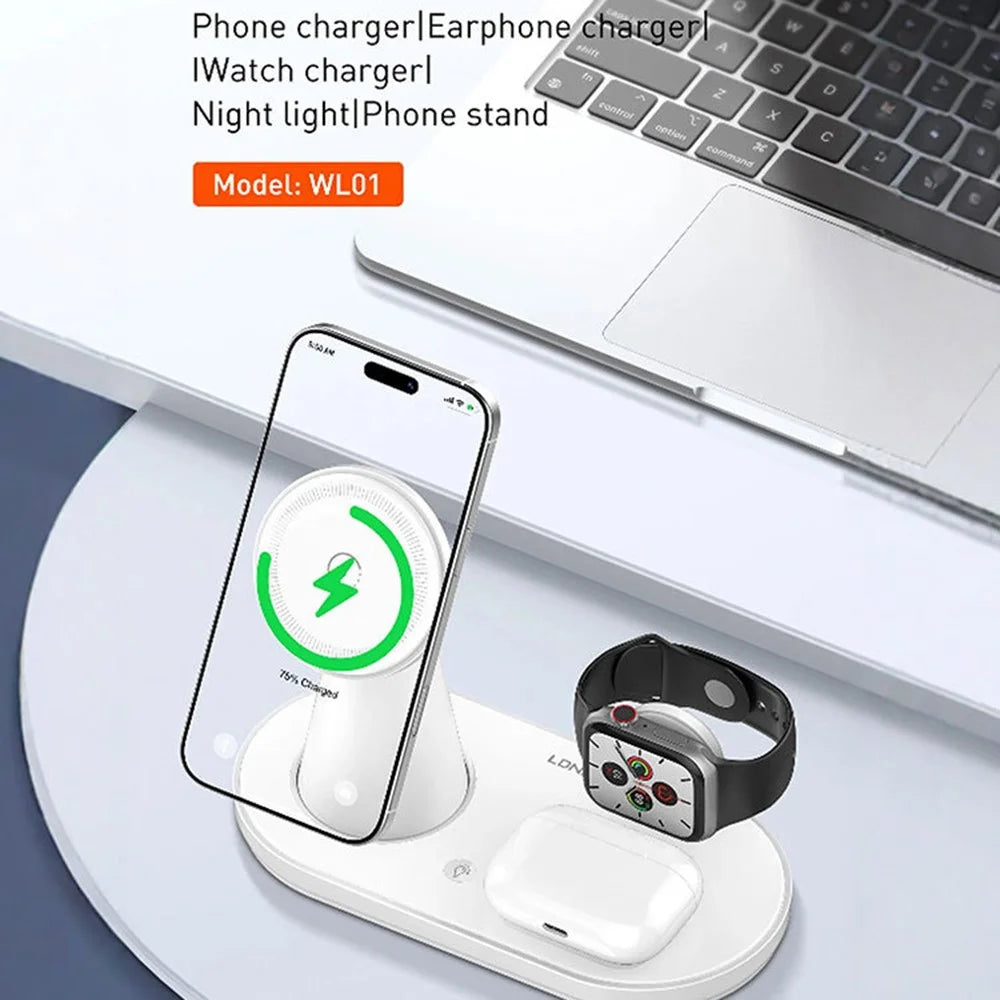 LDNIO WL01 5-in-1 Multifunctional Wireless Charging Station 15W Magnetic Charger Stand for Phone Watch Earbuds with Night Light - White - 2